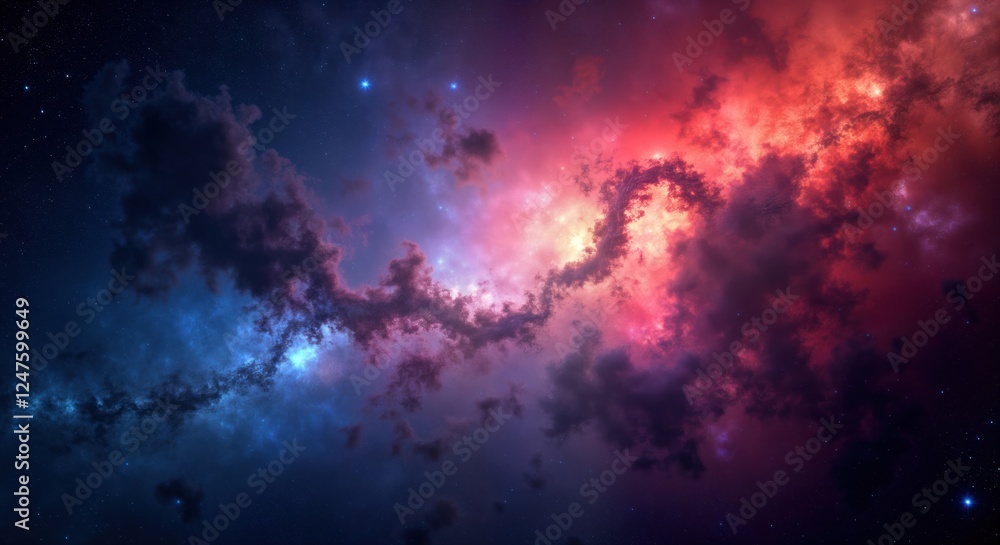 Naklejka premium Vast cosmos displays nebulae in vivid shades of purple blue, pink. Starry night sky with glowing clouds. Abstract space photo. Colorful galaxy with swirling patterns. Outer space background. Starry