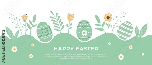Happy Easter banner with eggs and flowers, greeting card template, background. Vector illustration.