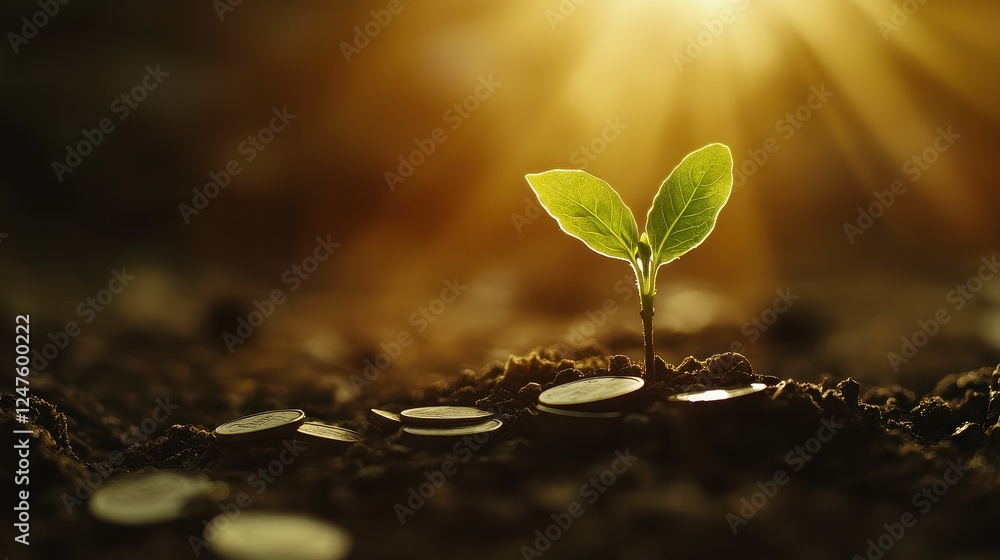Naklejka premium Sustainable finance and investment concept with a plant sprouting from savings coins.
