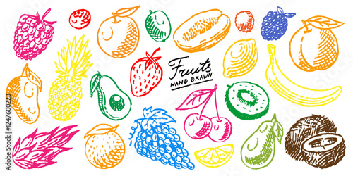 Brush drawn fresh fruits in grunge style. very simple lines with many organic food. strawberry and peach engraved. doodle summer set