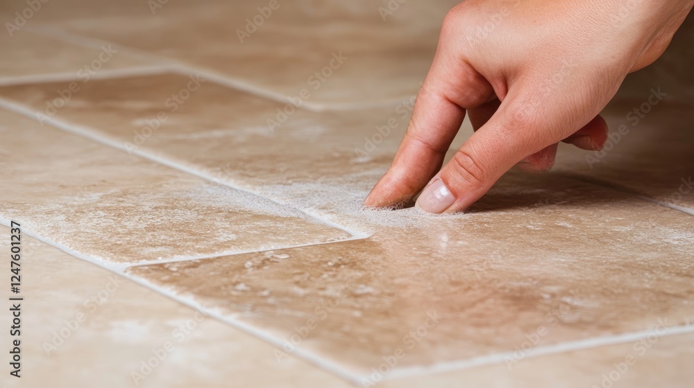 A close-up of a person inspecting a bathroom grout line for mold or mildew. A close-up of a person inspecting a bathroom grout line for mold or mildew.