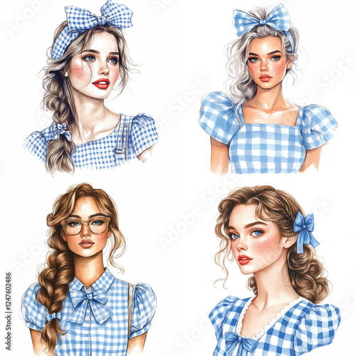 Blue Gingham Retro Women Set | Vintage Clipart Vector Illustration