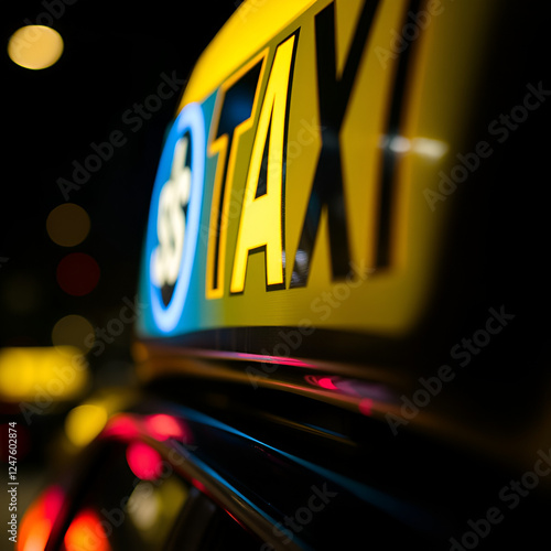 Close-up of an illuminated taxi sign at night photo