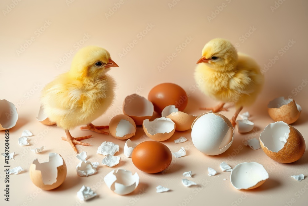 Two Baby Chicks and Broken Eggshells Two Baby Chicks and Broken Eggshells