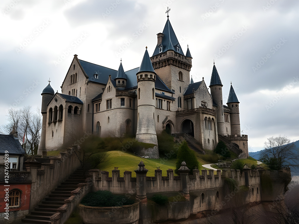 Majestic Castle on Hilltop: A grand, imposing castle stands majestically on a hill, its grey stone walls and numerous turrets piercing the cloudy sky. The scene evokes a sense of history, mystery. Majestic Castle on Hilltop: A grand, imposing castle stands majestically on a hill, its grey stone walls and numerous turrets piercing the cloudy sky. The scene evokes a sense of history, mystery.