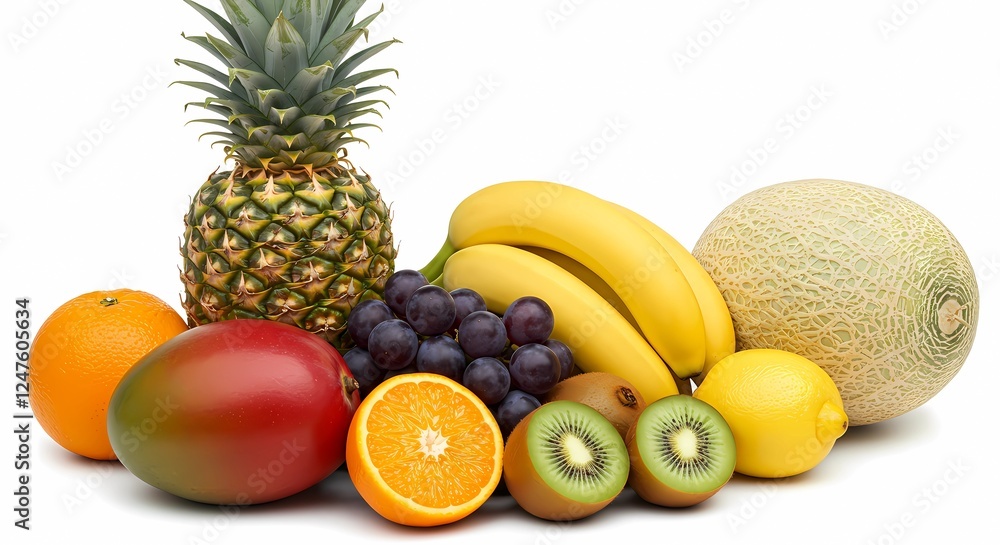 A Diverse Mix of Fresh Fruits Such as Pineapples, Kiwis, and Cherries Artfully Arranged on a Bright Background