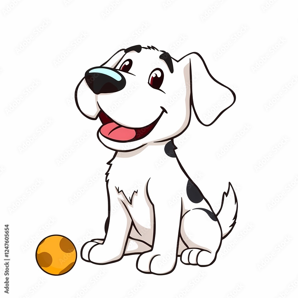 Obraz premium Playful Pup: A cheerful dalmatian puppy with a mischievous grin sits beside a yellow ball, capturing the playful spirit and boundless energy of our furry companions. 