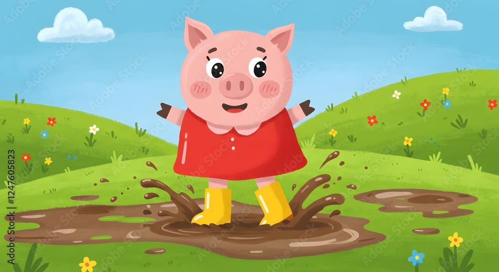 Obraz premium Delightful Piglet Adventure, Splashing Merrily in a Mud Puddle