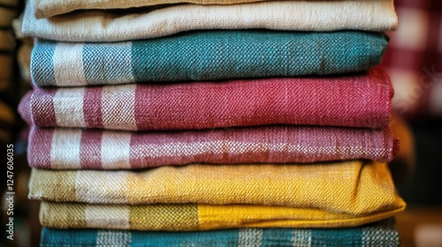 A stack of neatly folded dish towels, separated for different kitchen uses.