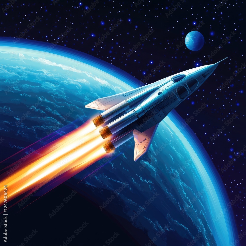 Spaceship launching into space, orbiting Earth.