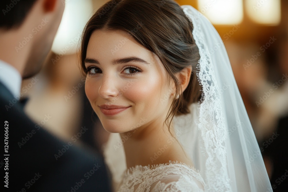 Naklejka premium Bride smiles, wedding ceremony, church, love