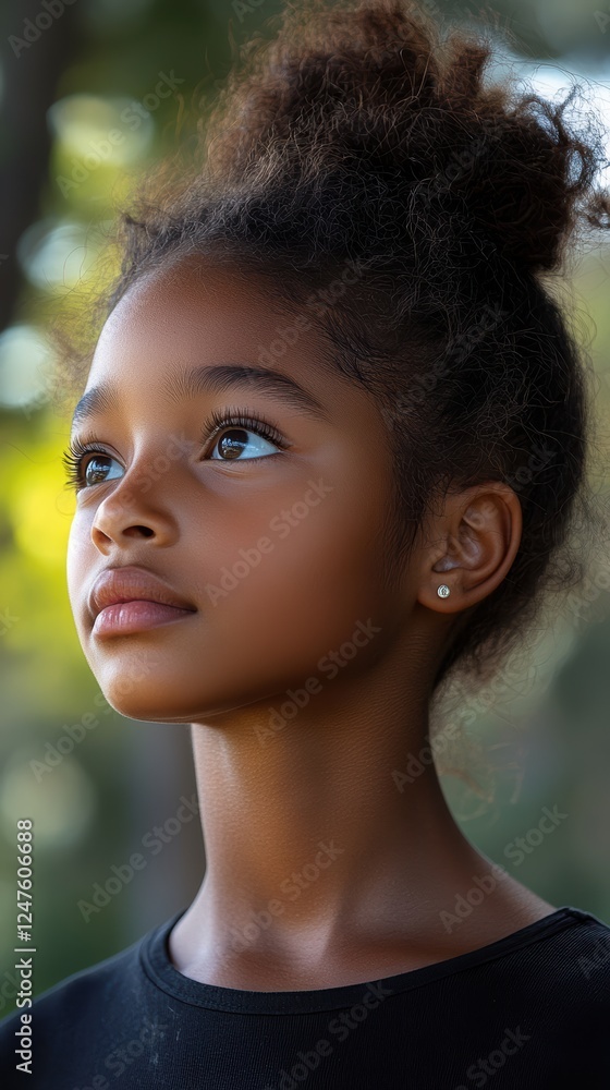 A young girl with curly hair stands in a park, looking thoughtfully into the distance. The sunlight shines softly on her face, highlighting her features and expressing curiosity A young girl with curly hair stands in a park, looking thoughtfully into the distance. The sunlight shines softly on her face, highlighting her features and expressing curiosity