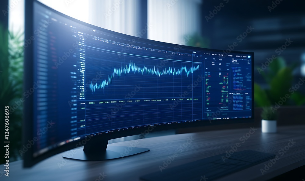 Curved monitor displaying financial data and charts in a modern workspace. Curved monitor displaying financial data and charts in a modern workspace.
