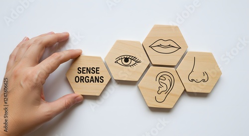 Sensory Perception, Human Sense Organs Represented with Wooden Hexagon Tiles