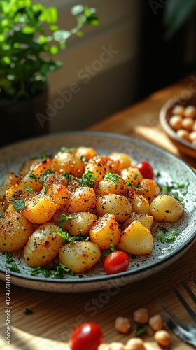 This vibrant dish features seasoned golden potatoes cooked to perfection, garnished with fresh herbs and cherry tomatoes. A perfect example of comfort food photo