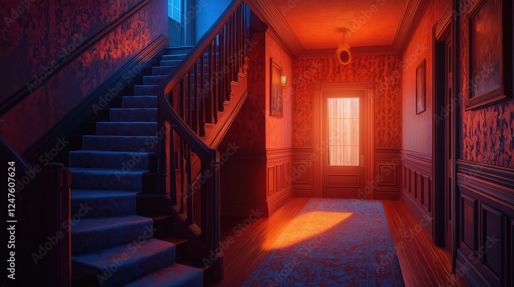 Obraz premium A dimly lit hallway features a grand wooden staircase leading to an upper level, while a warm glow emanates from an open door at dusk. Ornate wallpaper enhances the atmosphere