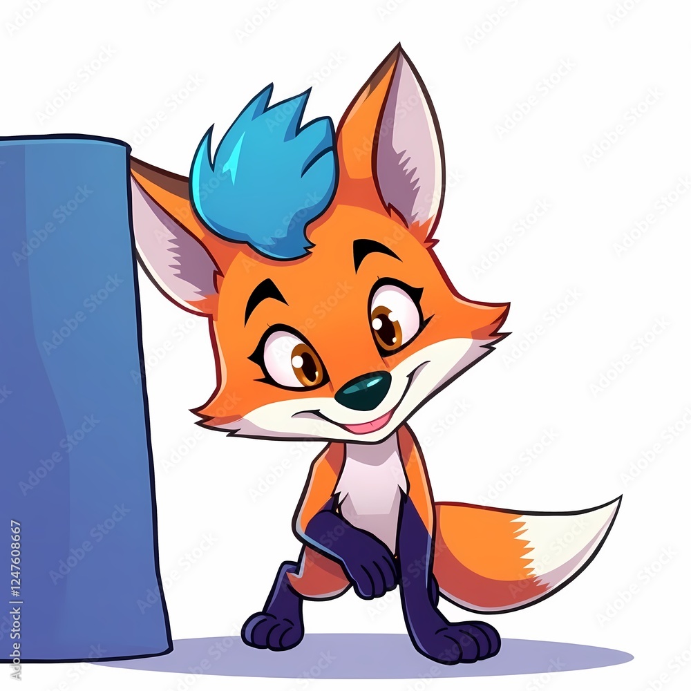 Obraz premium Curious Fox Cub Cartoon: An adorable cartoon fox cub with vibrant blue hair peeking around a large blue object, radiating playful curiosity and charm.