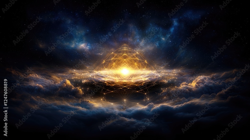 Celestial Pyramid Night Sky, Clouds, Golden Light, Abstract Artwork, Spiritual Background Celestial Pyramid Night Sky, Clouds, Golden Light, Abstract Artwork, Spiritual Background
