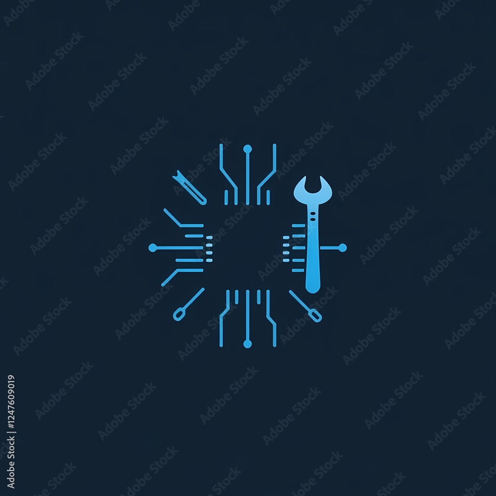 Obraz premium Tech Support Abstract: A captivating abstract illustration representing technical support and problem solving. A wrench symbolizing repair sits atop a circuit board, encircled by intricate lines.