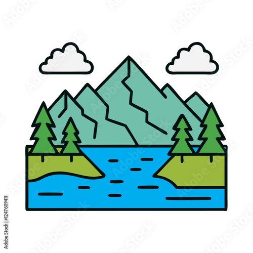 Mountain River Flowing Through Valley Icon