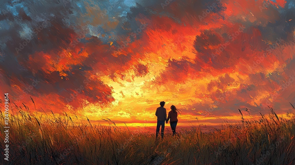 Fototapeta premium Couple embracing sunset open field digital art serene landscape side view love and connection