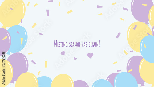 Nesting party banner honor of expectant parents. Colored balloons blue purple and yellow. Website poster design in pastel colors. Vector illustration.