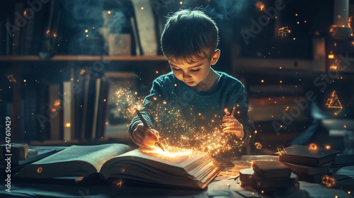 A young boy's imagination sparks magical learning with glowing lights and books