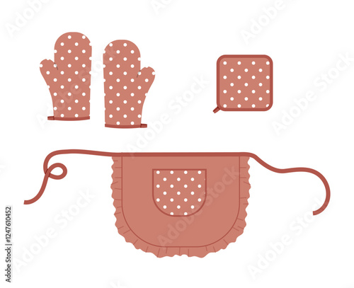 Set of Aprons, Oven Gloves and potholder cartoon Mocha Mousse polka dot pattern Fashion hand accessory clothing technical illustration garment. Vector for Men women unisex style flat template on white