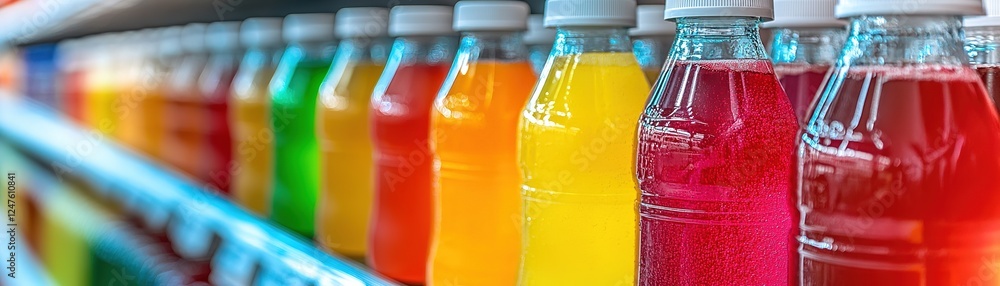 Refreshing bottled beverages supermarket aisle beverage display vibrant environment eye-level view colorful selection Refreshing bottled beverages supermarket aisle beverage display vibrant environment eye-level view colorful selection
