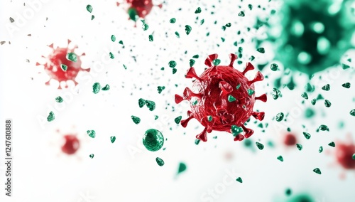 Red, green viruses spreading; white background; medical illustration