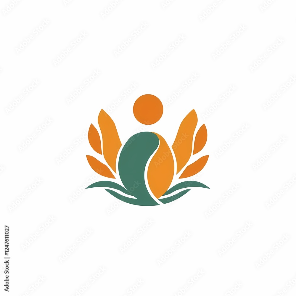 Obraz premium Serene Wellness Logo: Abstract logo design featuring a stylized human figure embraced by leaves and a sun, symbolizing harmony, health, and natural well-being. Suitable for wellness brands, spas.