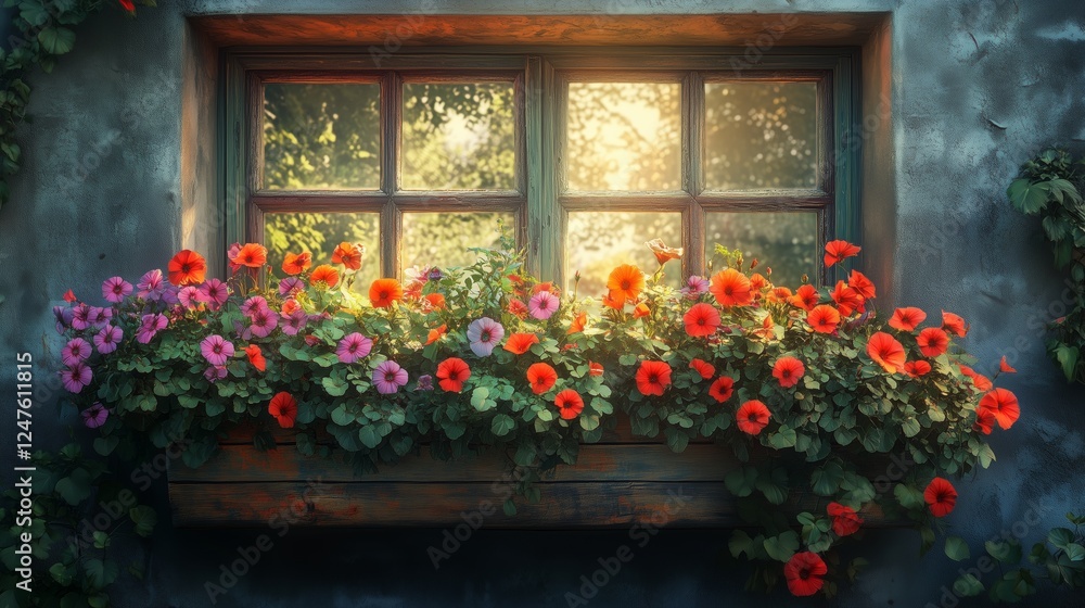 Fototapeta premium Afternoon sunshine on the windowsill flower box