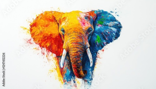 Colorful elephant portrait, vibrant abstract painting, celebration, white background photo