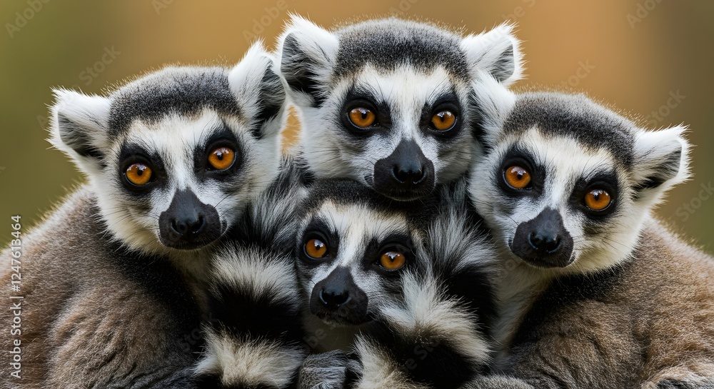 Obraz premium A close-knit ring-tailed lemur family, their amber eyes catching the light