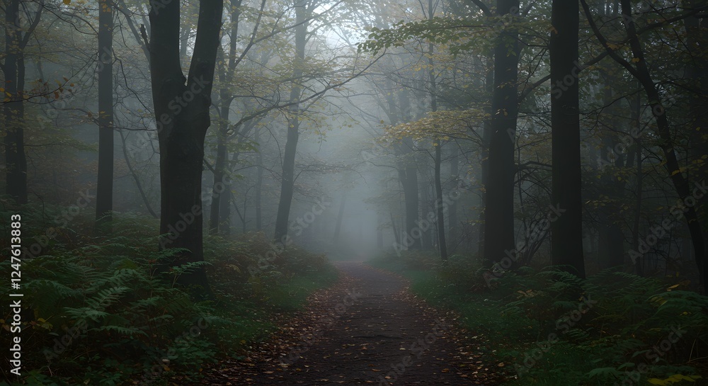 Fototapeta premium Ethereal pathway through misty woods, captivating forest scenery