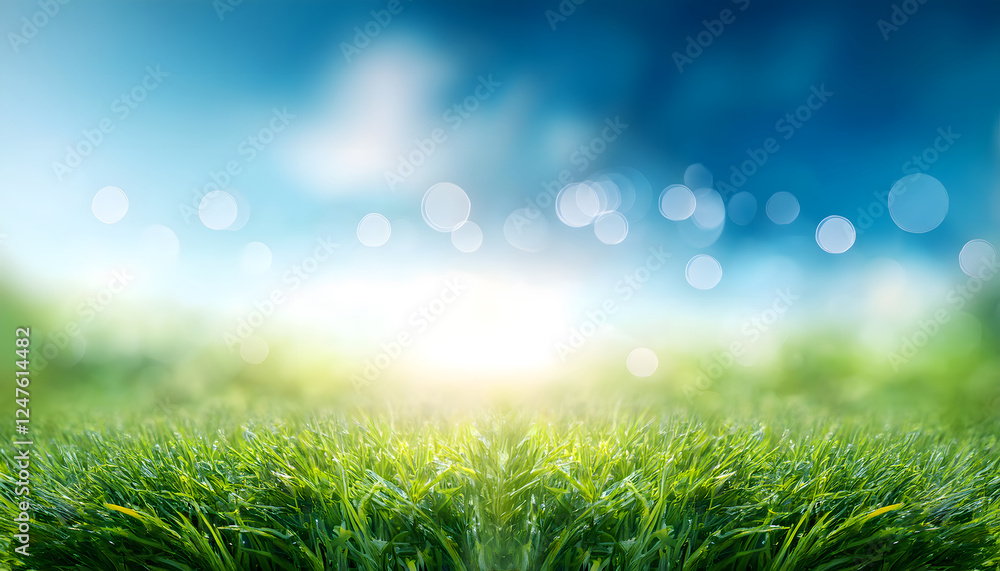 Obraz premium World environment day concept- green grass and blue sky abstract background with bokeh
