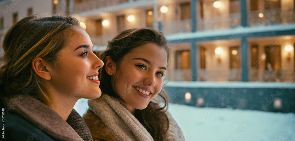Two young adult women or teenage girls sitting together on a woo Two young adult women or teenage girls sitting together on a woo