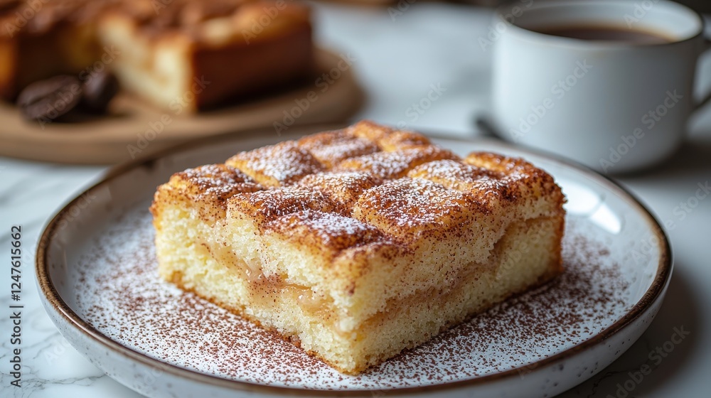 A slice of cake dusted with powdered sugar on a plate, with coffee nearby. A slice of cake dusted with powdered sugar on a plate, with coffee nearby.