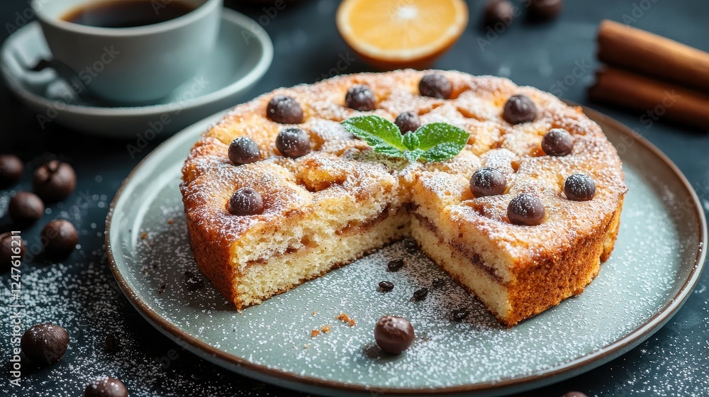 A delicious cake with chocolate and powdered sugar, served with coffee. A delicious cake with chocolate and powdered sugar, served with coffee.