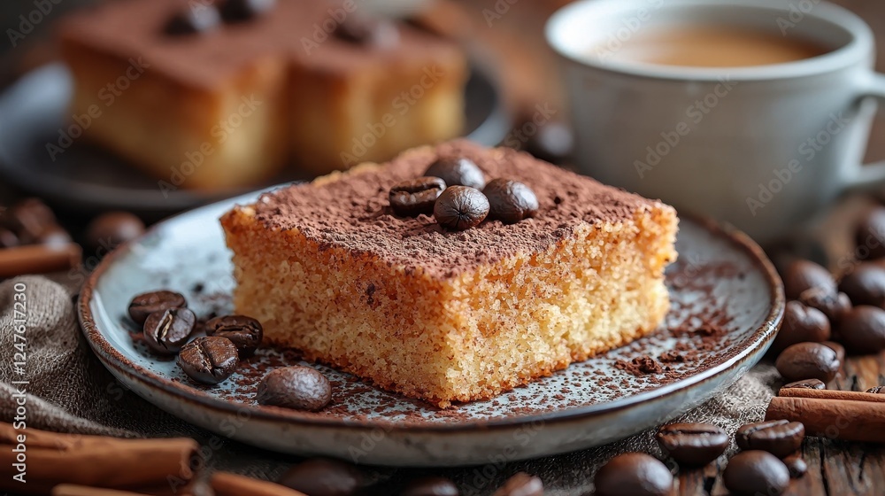 A delicious slice of coffee-flavored cake with coffee beans and a cup. A delicious slice of coffee-flavored cake with coffee beans and a cup.
