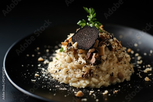 Truffle risotto served on a black plate with parsley photo