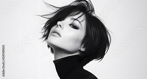 A striking black-and-white side-profile portrait of a young woman with a short, windswept hairstyle.	