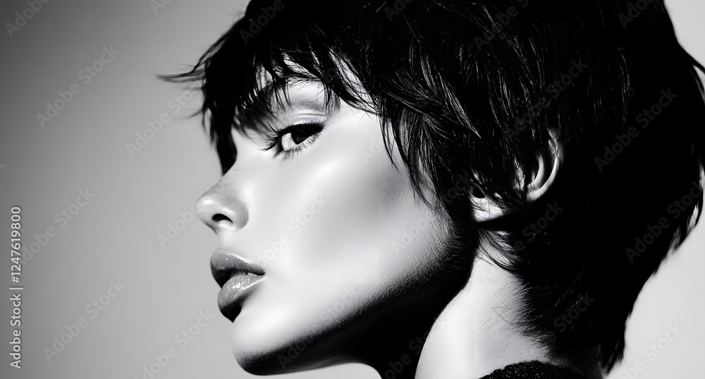 Fototapeta premium A striking black-and-white side-profile portrait of a young woman with a short, windswept hairstyle. 