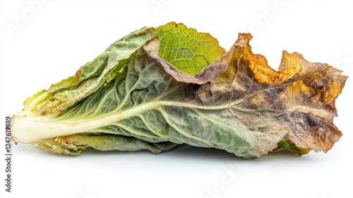Decaying Cabbage Leaf: A close-up study of a cabbage leaf exhibiting signs of decay, with a gradient of colors from vibrant green to wilted brown, evoking an understanding of organic processes