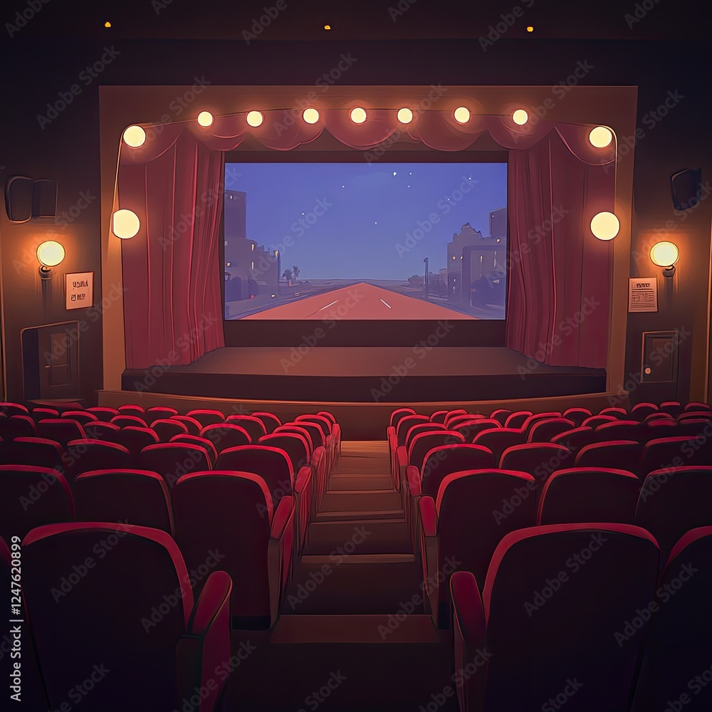 Fototapeta premium Empty retro cinema auditorium with a large screen showing a night cityscape.