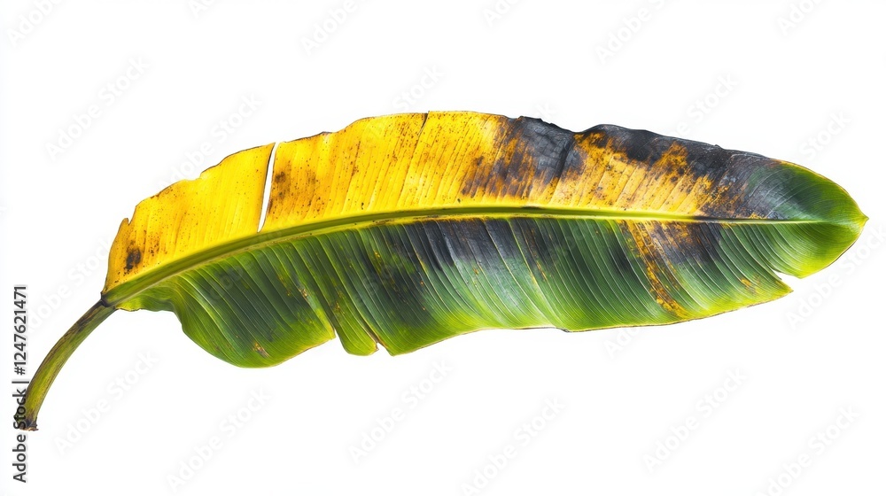 Wilted Banana Leaf: A close-up of a vibrant banana leaf reveals a natural beauty despite the signs of aging, the yellow and dark spots telling a story of life and transition Wilted Banana Leaf: A close-up of a vibrant banana leaf reveals a natural beauty despite the signs of aging, the yellow and dark spots telling a story of life and transition