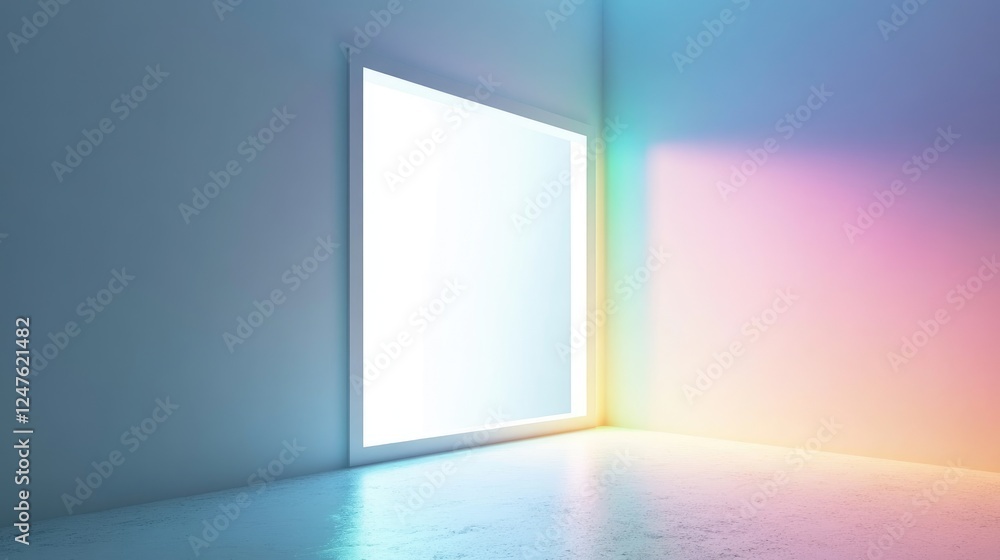 A minimalist corner with a glowing frame and colorful light reflections. A minimalist corner with a glowing frame and colorful light reflections.