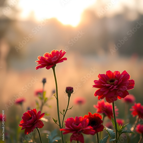 Softly glowing rosettes of Roter Feldmohn in morning mist, bloom, flowers photo