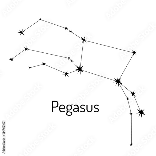 Vector illustration of the Pegasus constellation in a clean, minimalistic black-and-white style. Perfect for astronomy, stargazing, zodiac, and educational purposes