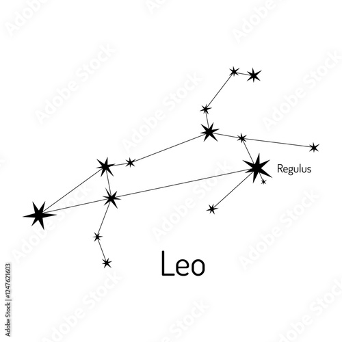 Vector illustration of the Leo constellation with Regulus star labeled. Minimalist black-and-white design for astronomy, zodiac, and educational purposes.